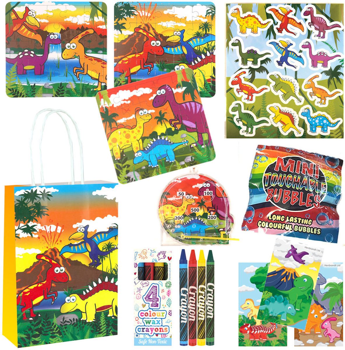 10 STUKS | LUXE DINOSAURUS Traktatie Tas INCLUSIEF SPEELGOED. Bestaande uit: Tasje, Krijtjes, Notitieblok, Flipperspel, Puzzel, Stickervel en Bellenblaas | Traktaties Uitdeelcadeaus voor Verjaardagen en Kinderfeestjes